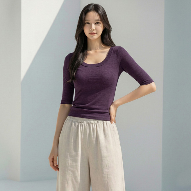 메이첼 여성용 논스톱 딥 U넥 슬림 5부 소매 티셔츠 12720