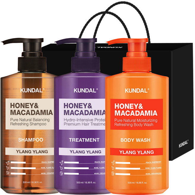 쿤달 샴푸 500ml + 트리트먼트 500ml + 바디워시 500ml 3구 선물세트 B 일랑일랑 + 쇼핑백 블랙, 1세트