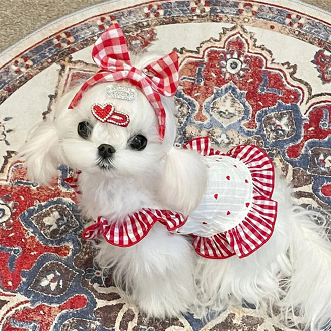 퍼피드림 강아지 엘리제 체크 프릴 나시 원피스 10059, 레드, 1개