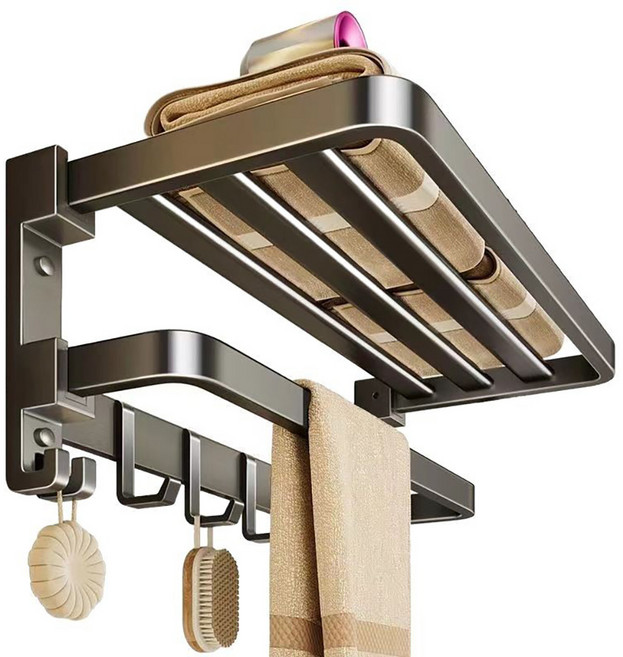 小麥購物 免打孔扁管雙摺疊浴室置物架 L130, 槍灰色, 1個