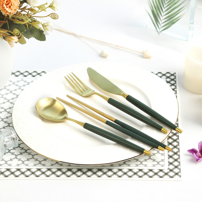 보겐 국산 르비앙 골드 디너 커트러리 4종 세트, 딥그린, 디너나이프 + 디너포크 + 숟가락 + 젓가락, 1세트