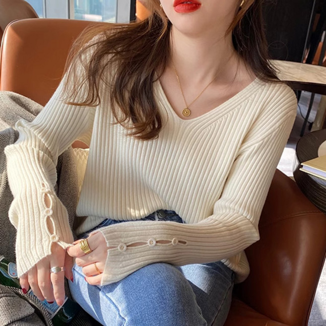 어썸풀 여성용 베인톤스 브이넥 소매버튼 니트 A26SPKN121915