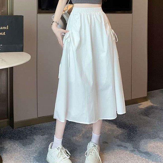 더시럽 여성용 사이드 셔링 미디 A라인 스커트