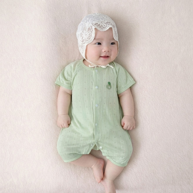 베베니즈 신생아용 포인트자수 텐셀 반팔 우주복