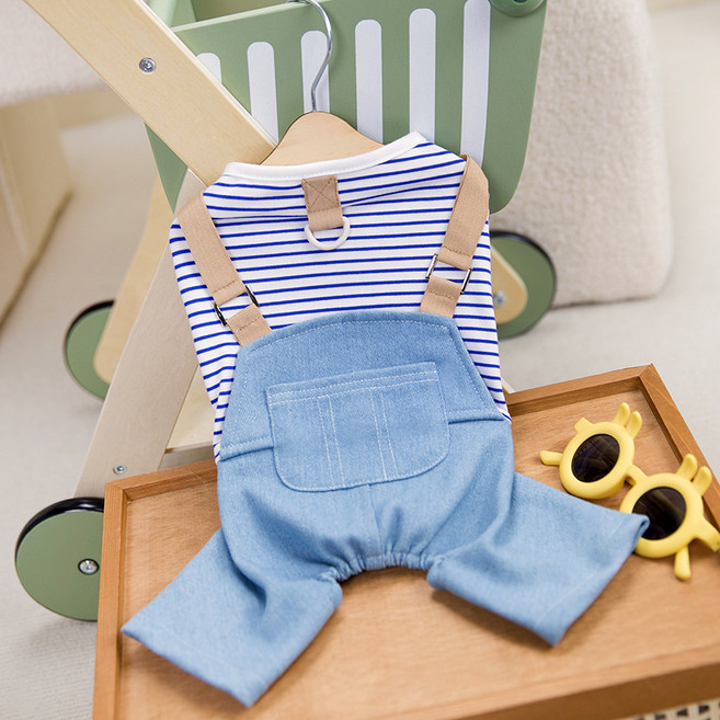 파스텔펫 강아지 줄무늬 청멜빵 올인원, 블루, 1개