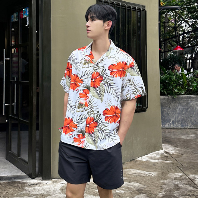 헤링본 남성용 플라워 반팔 오버핏 하와이안 휴양지 셔츠 NI103