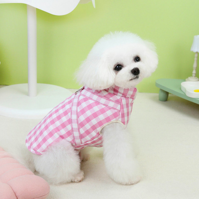 파스텔펫 반려동물 체크 극세사 패딩 조끼, 핑크, 1개
