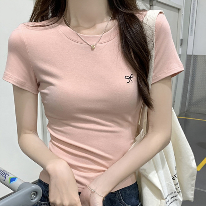 피어니스트 여성용 크루넥 라운드 베이스 리본 티셔츠