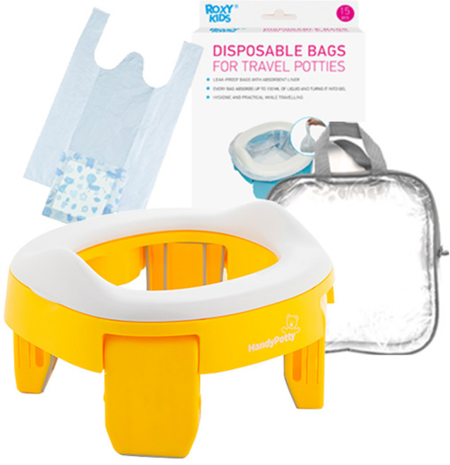 핸디포티 록시키드 휴대용 아기변기 + 리필봉투 15p 세트, 옐로우
