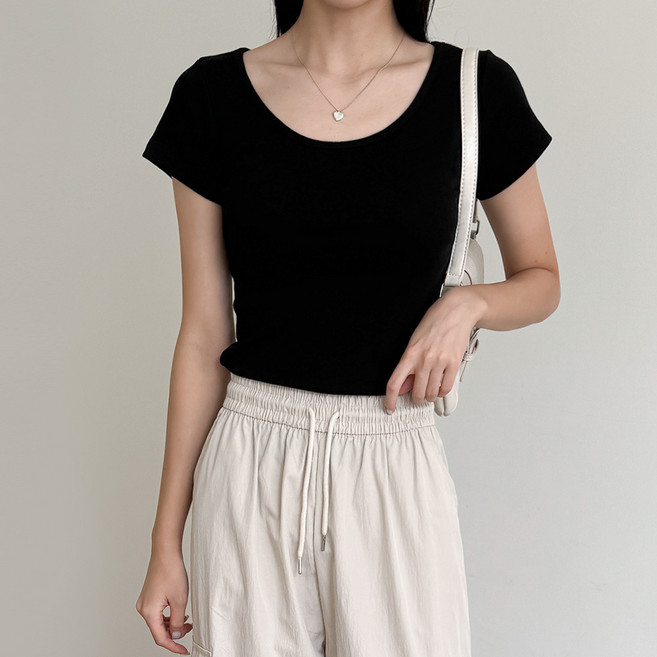 투데이앤룩 여성용 통기성 소프트 슬림 무드 무지 이너 라운드넥 반팔 티셔츠