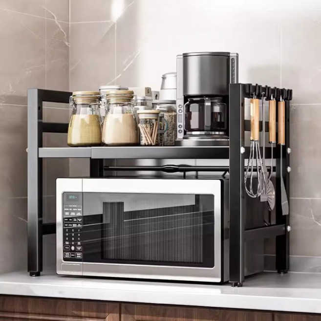 오브민 길이조절 높이조절 전자레인지 선반 + 후크 6p 세트, 블랙, 1단