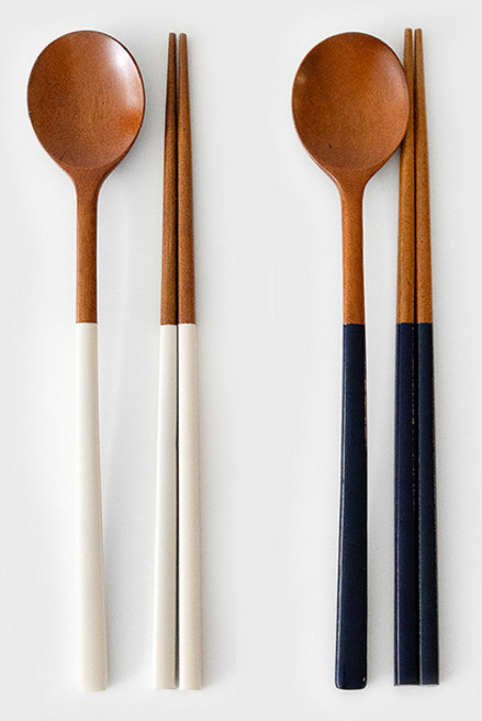 니코트 우드 2인 라운드 수저 2종 세트, 아이보리, 네이비, 숟가락 2종 + 젓가락 2종, 1세트