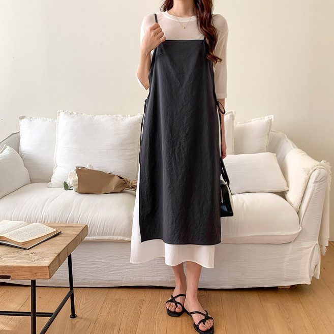 시크블랙 루트쉘 나시 레이어드 허리끈 통기성 롱 원피스 cpops8750k33