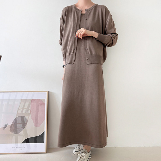 봉봉스토리 나이트시티 니트 가디건 임산부 원피스 세트