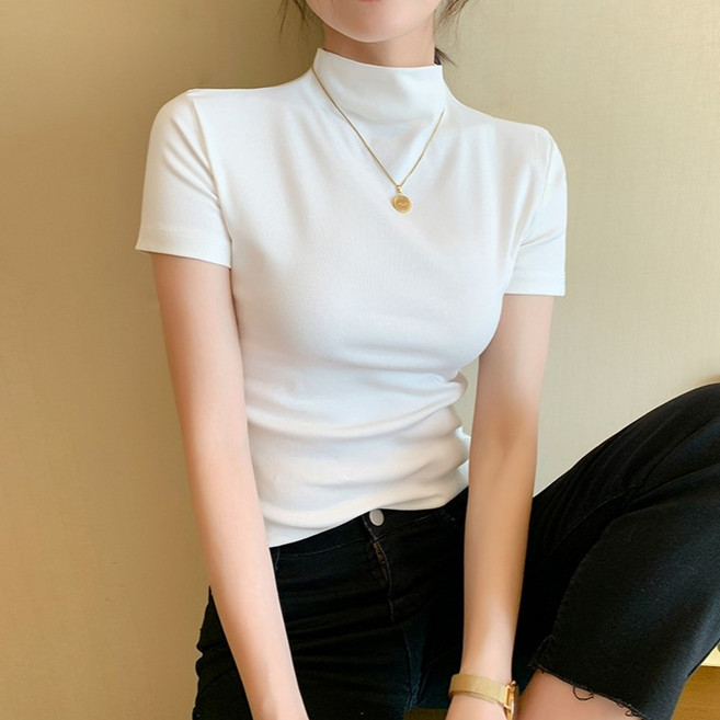 여성용 반폴라 쫀쫀 베이직 슬림핏 반팔 티셔츠