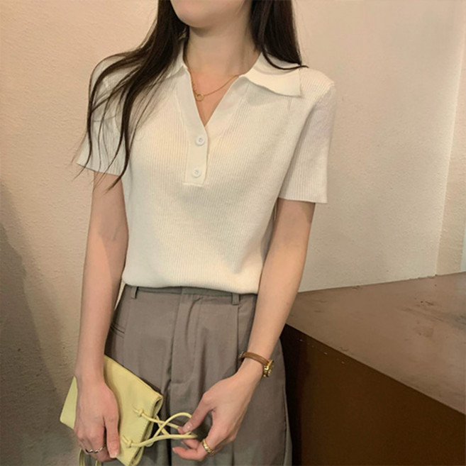 女款氣質V領翻領羅紋短袖針織衫