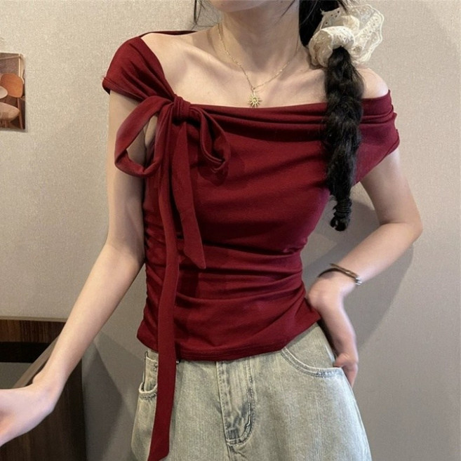 아이엠몽 여성용 슬림핏 언밸런스 오프숄더 리본 포인트 반팔 티셔츠 R6H018