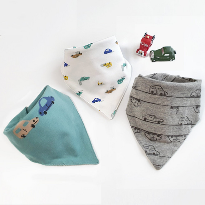우주아이 유아용 뛰뛰빵빵 면 삼각 스카프빕 3종 세트