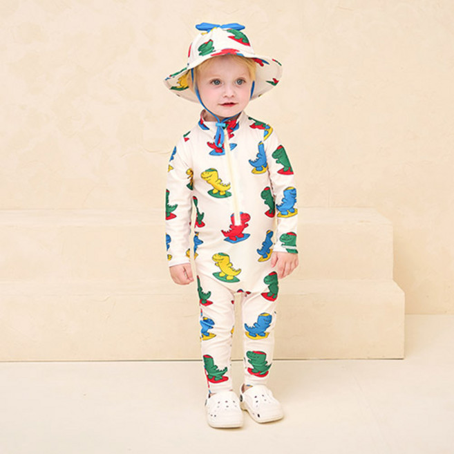 밀크마일 유아용 써핑 디노 래쉬가드 + 플랩캡 세트