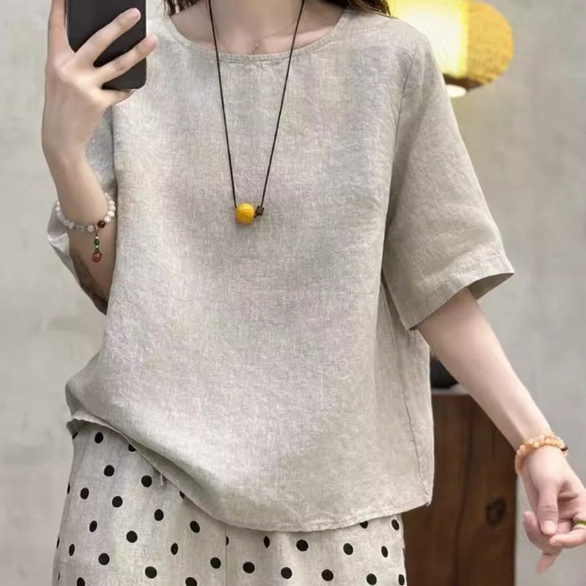 반야스토리 여성용 루즈핏 린넨 반팔 티셔츠 QQ87