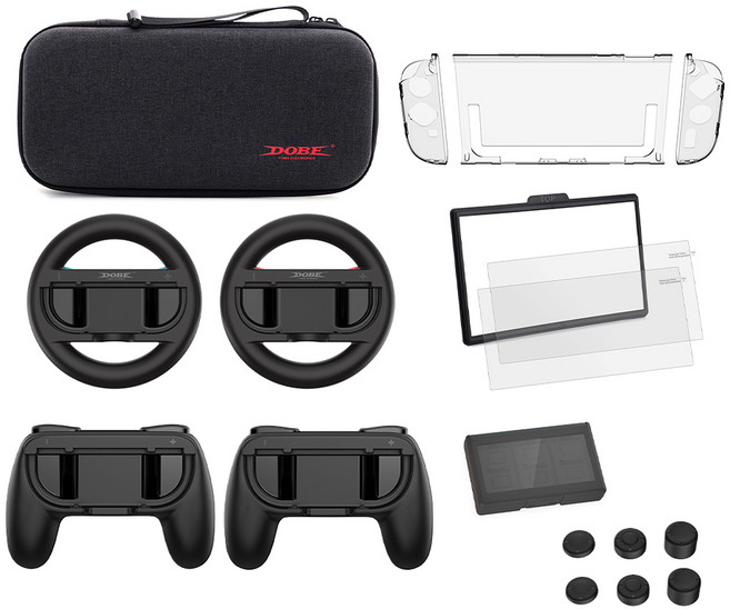 DOBE switch2 17合一配件組 收納包 x 1 + 方向盤 x 2 + 握把 x 2 + 主機PC保護殼 x 1 + JOYCON手把PC保護殼 x 2 + 保護貼 x 2 + 貼模器 x 1 + 搖桿帽 x 6 + 卡盒 x 1, 黑色, 1套, TNS-51108