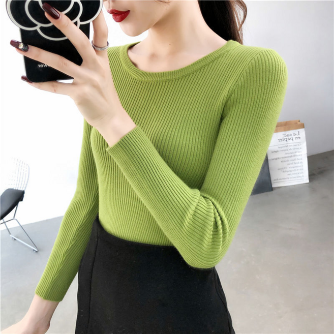 여신 여성용 심플 슬림핏 골지 라운드넥 티셔츠