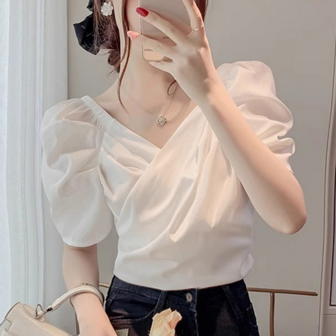 Theflow commerce 女款可愛法式泡泡袖裹身上衣