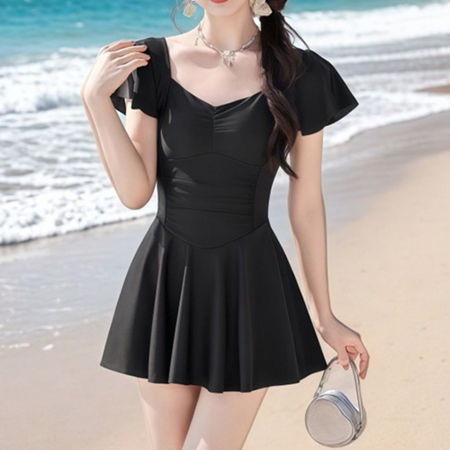 Goodif 女性甜美包袖抓皺海灘修身連身泳衣, 黑色