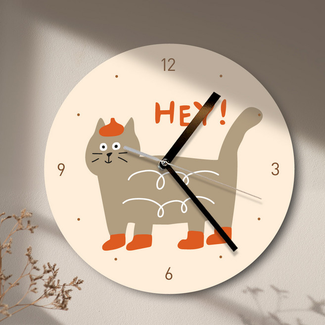 퍼니즈 일러스트 무소음 원형 벽시계, 슈즈캣