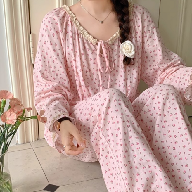 PEONIST 女性蝴蝶結綁帶荷葉邊迷你碎花睡衣上下套裝