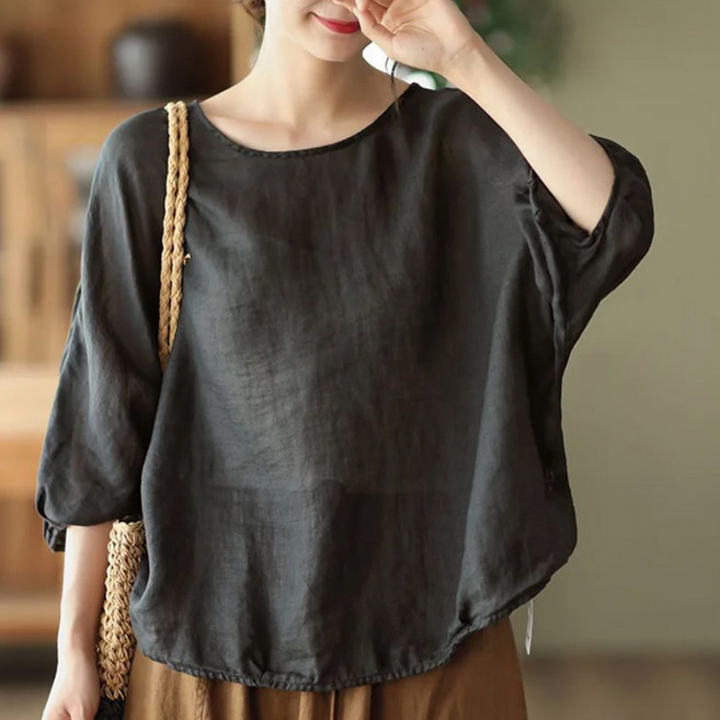 반야스토리 여성용 라운드넥 린넨 벌룬소매 루즈핏 블라우스 QQ305