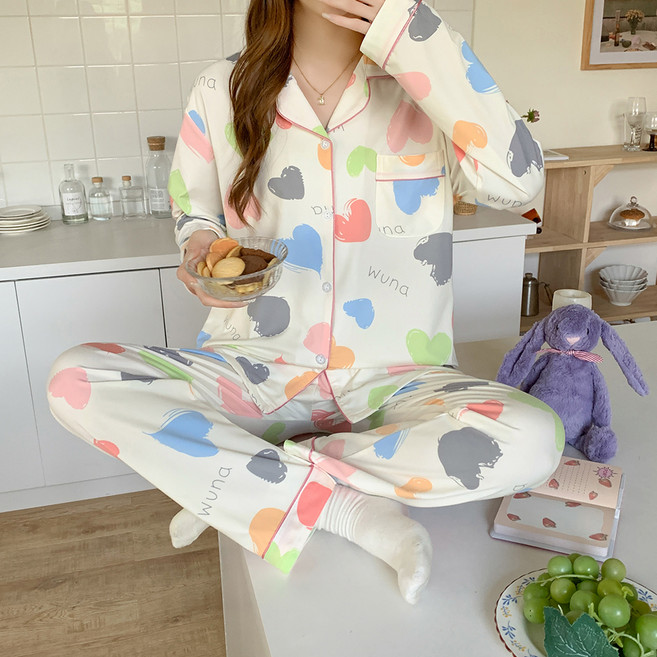 안나앤코 여성용 파스텔 긴팔 잠옷 파자마 상하 세트