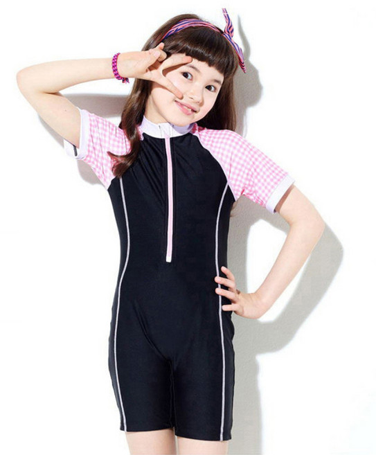 여아용 체크 집업 반팔 수영복