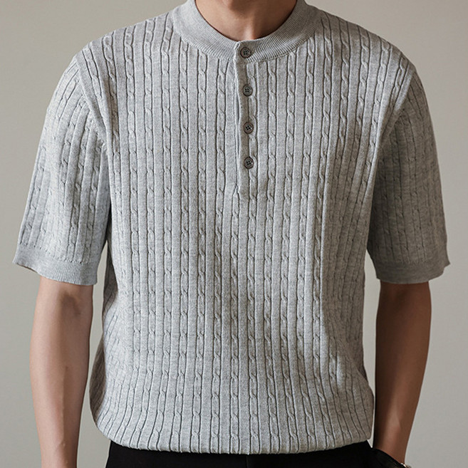 마켓에이 남성용 버튼 라운드넥 꽈배기 반팔 니트 T25SS3-A1804