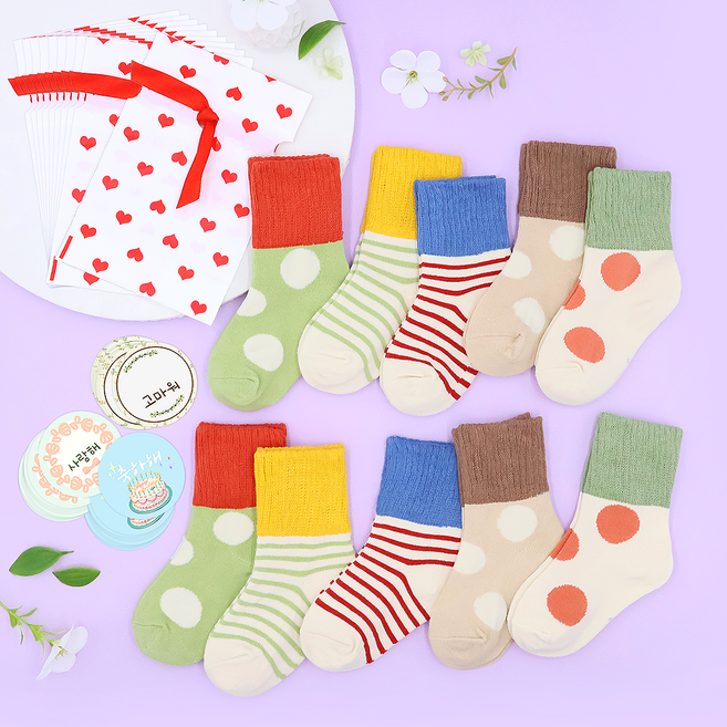 비단길 생일선물 답례품 델마양말 10켤레 + 구디백 10p + 스티커 3종 x 10p 세트