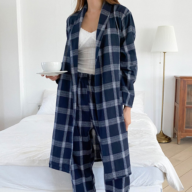 린다샵 여성용 리히니 체크 패턴 로브 + 밴딩팬츠 홈웨어 세트 cpset3591k48