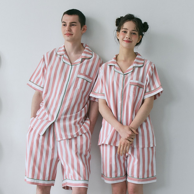 오오티엔 스트라이프 클래식 쿨링 카라 잠옷 반팔 + 반바지 세트