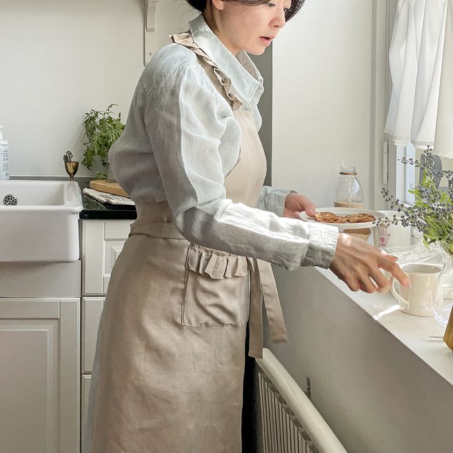 TIERRA 린넨 러플 앞치마, 내추럴, 1개