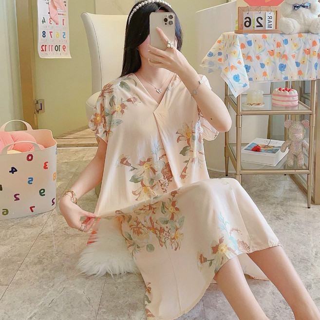 Elsso 女款絲質短袖連身裙家居服