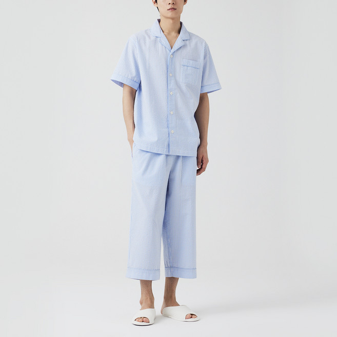 JAJU 남성용 코튼 시어서커 7부 파자마 상의 하의