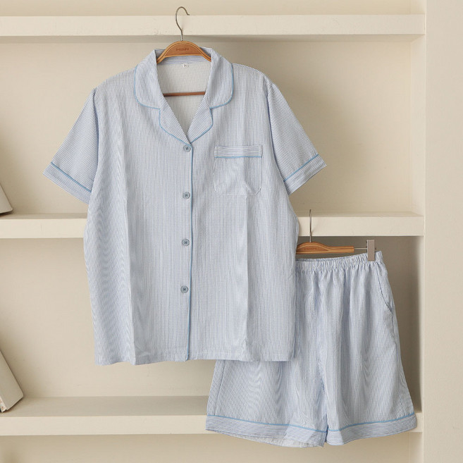 GLAM GONGGAM 情侶款楊柳紗條紋短袖兩件式睡衣上下套裝