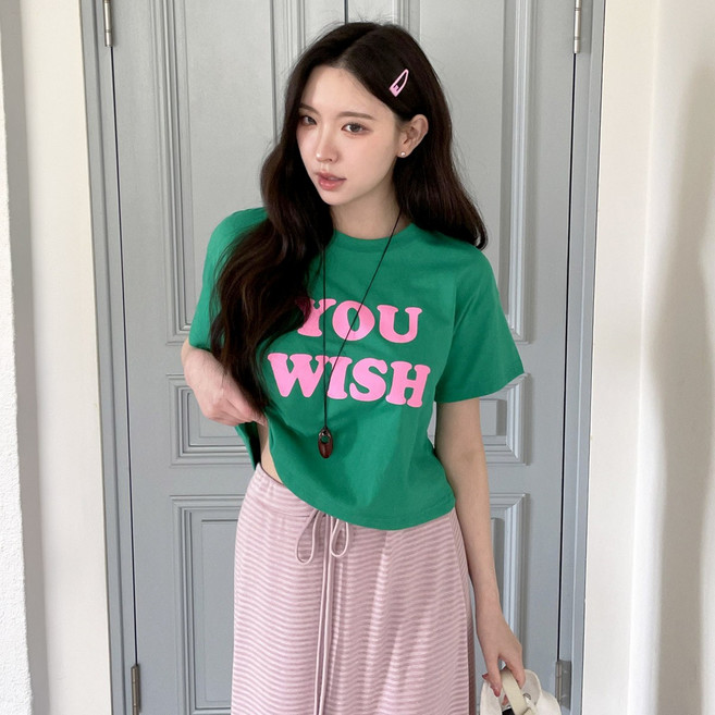 시크블랙 여성용 버키코 레터링 크롭 반팔 티셔츠 cpt17701k63