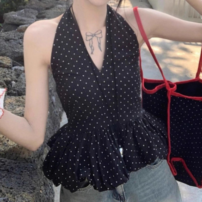 피어니스트 홀터넥 도트패턴 캉캉 블라우스