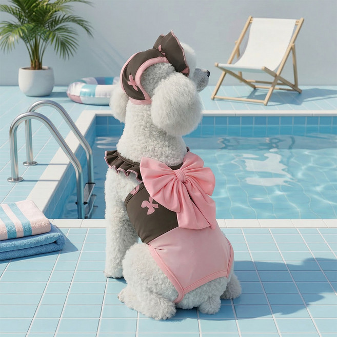 웨이비데이즈 반려동물 빅리본 프릴 수영복 + 모자 세트 W265-0135, 브라운, 1세트