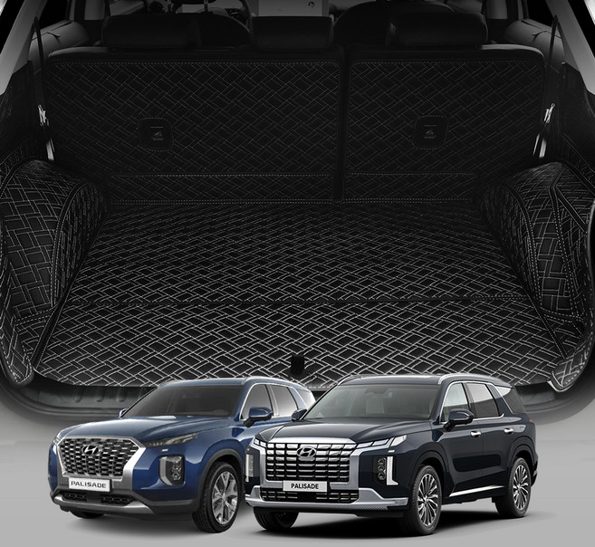디테일링 우븐블럭 프리미엄 풀커버 트렁크매트 + 킥매트 + 가죽보호제 세트, 블랙 + 그레이, 더 뉴 팰리세이드 8인승 3열 자동폴딩(LX2,LX2 FL)