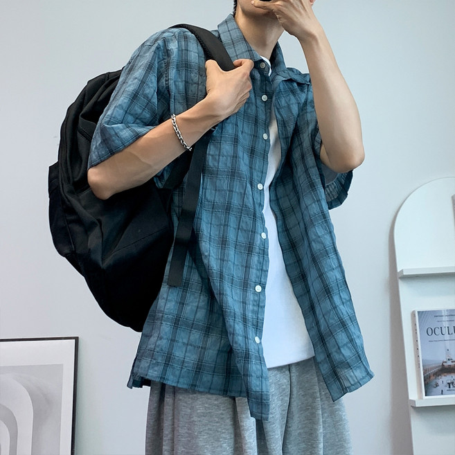 CONFIAR 男款日常寬鬆涼爽短袖格紋襯衫 TC10902