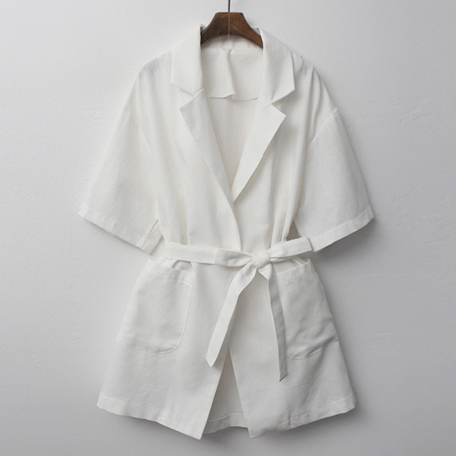 티탁 여성용 빅사이즈 데일리 카라넥 포켓 원버튼 허리끈 반팔 린넨 롱자켓