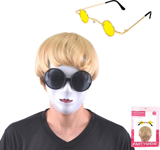 파티쇼 바가지 머리 가발 + 레트로 미니 안경 세트, 골드(가발), 금테옐로우(안경), 1세트