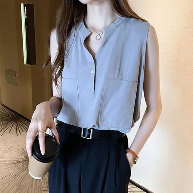 더시럽 여성용 차이나 카라 민소매 블라우스