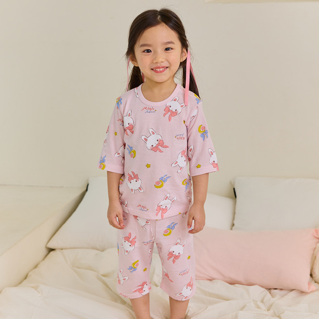 올로미미 키즈라인 여아용 자카드 마법토끼 7부 실내복 세트
